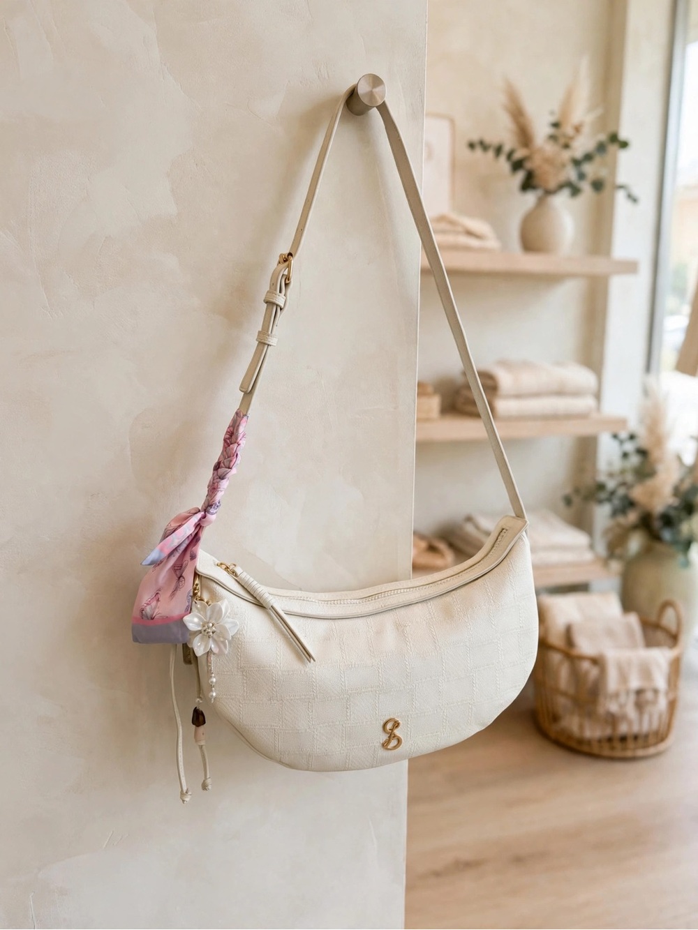 Elegant Cream Shoulder Bag with Scarf Accent